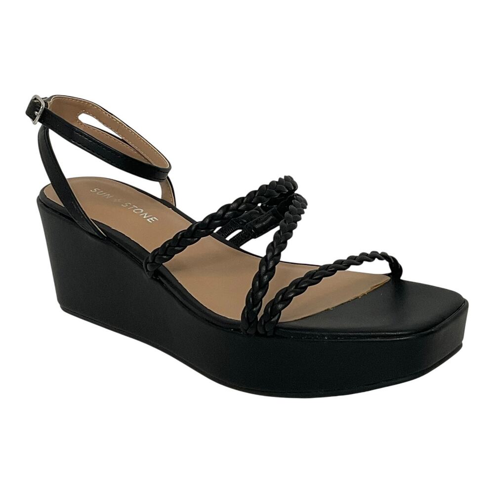 Sun + Stone Women's Alyssaa Strappy Platform Wedge Heel Sandals Black Size 10